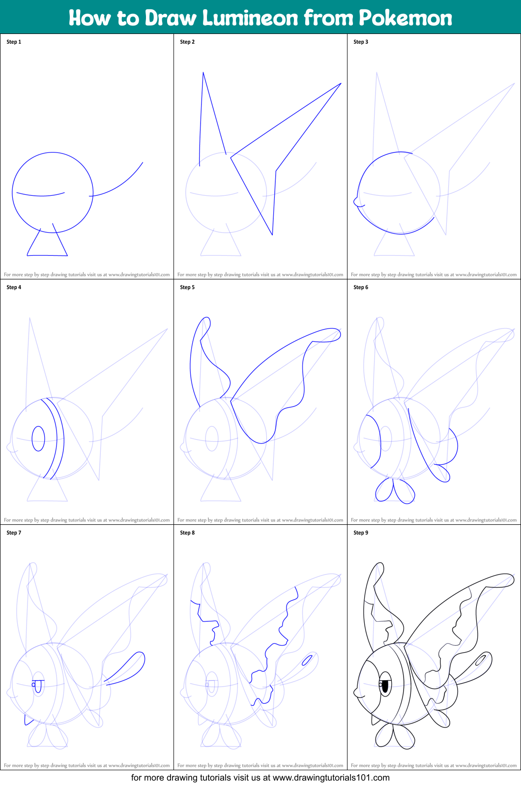 How to Draw Lumineon from Pokemon Printable Step by Step