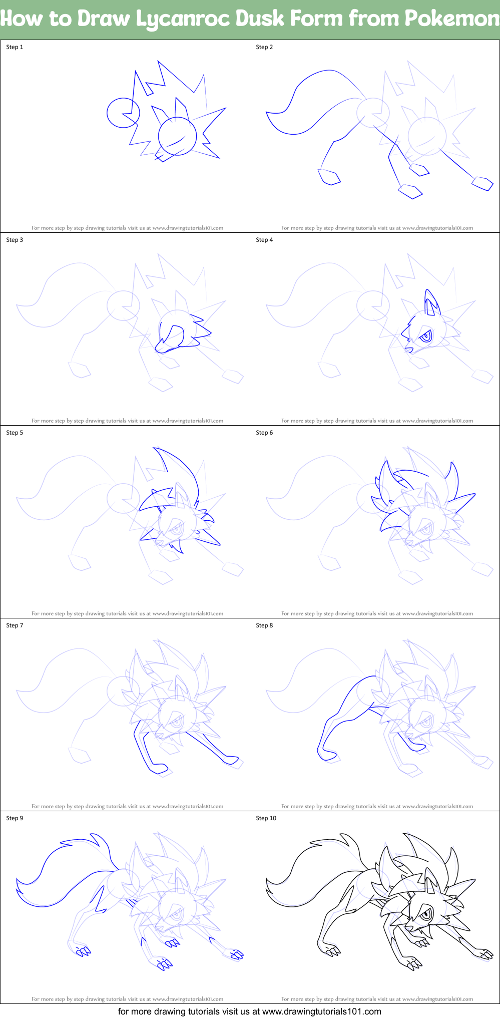 How to Draw Lycanroc Dusk Form from Pokemon Printable Step by Step