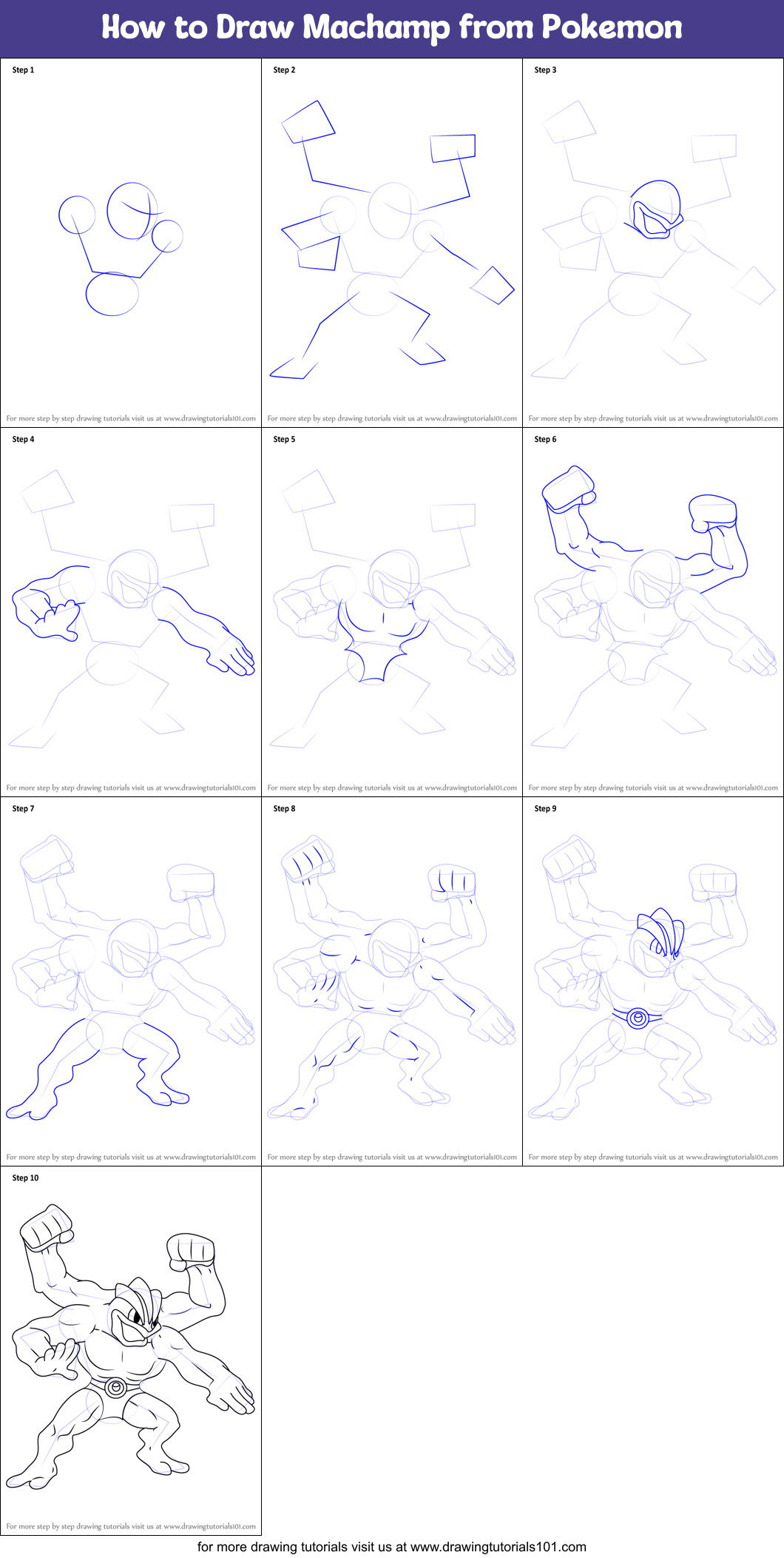 How to Draw Machamp from Pokemon Printable Step by Step