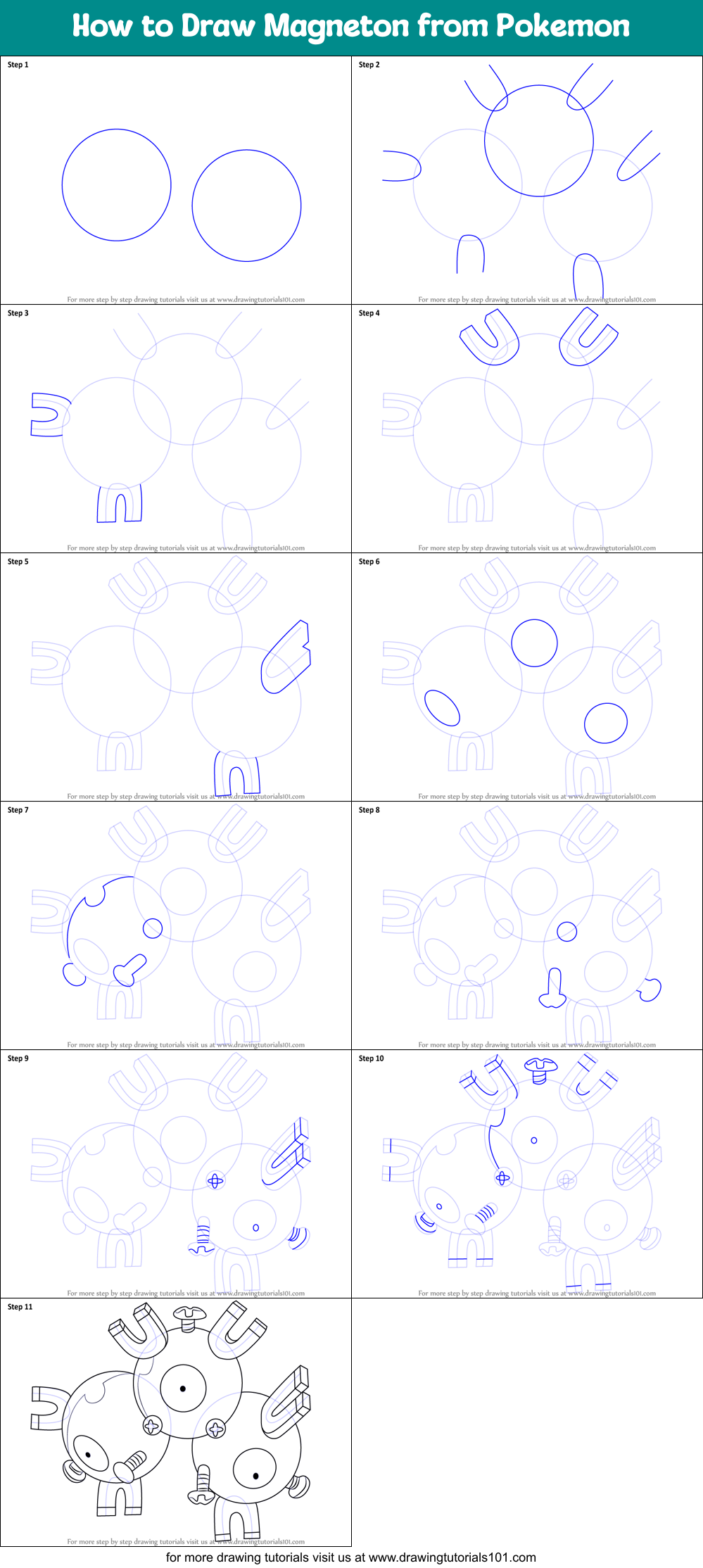 How to Draw Magneton from Pokemon Printable Step by Step