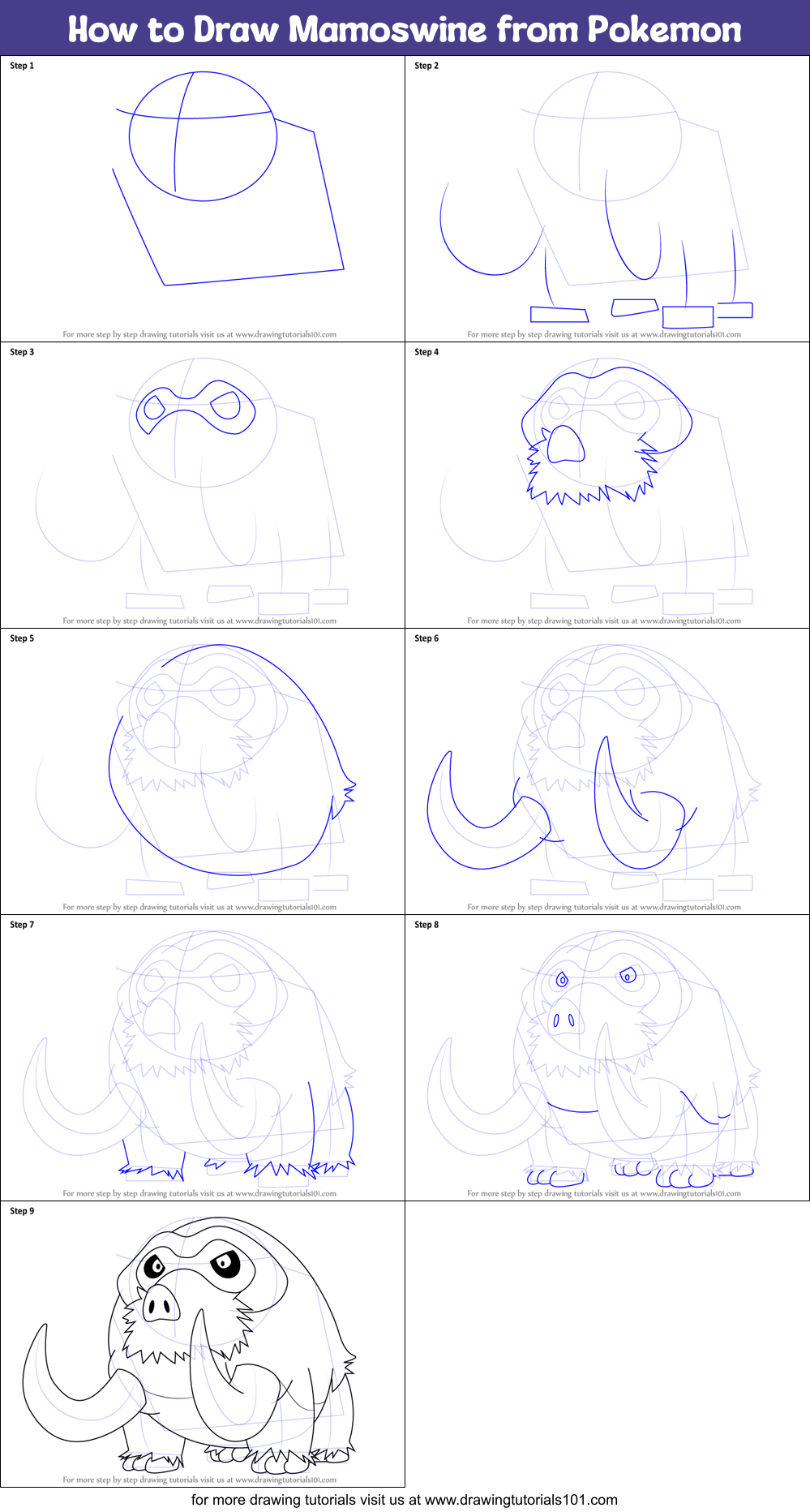 How to Draw Mamoswine from Pokemon Printable Step by Step