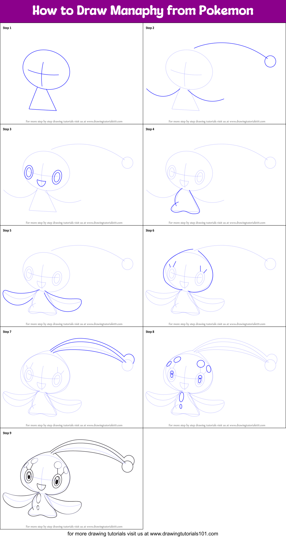 How to Draw Manaphy from Pokemon Printable Step by Step