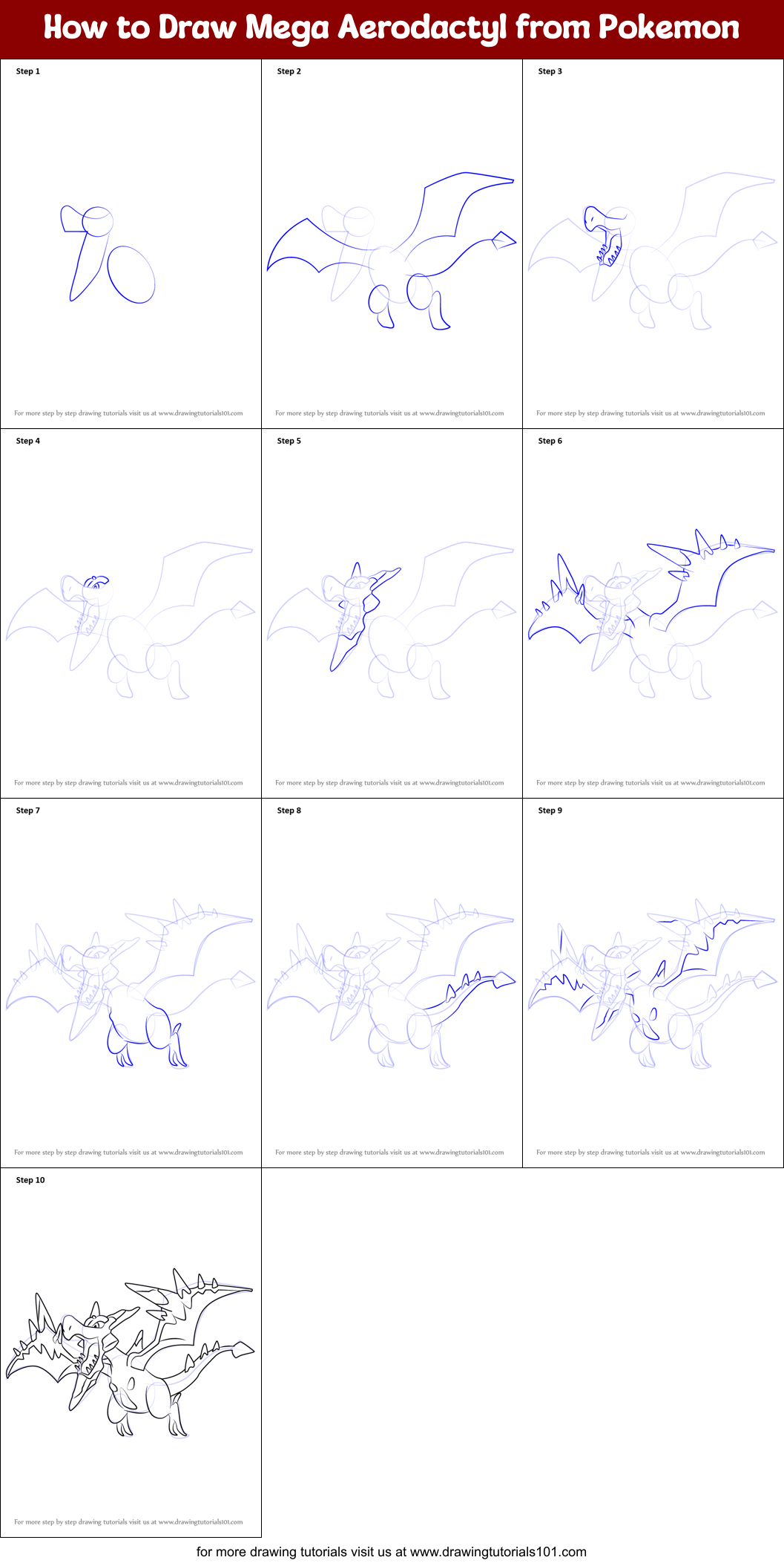 How to Draw Mega Aerodactyl from Pokemon Printable Step by Step