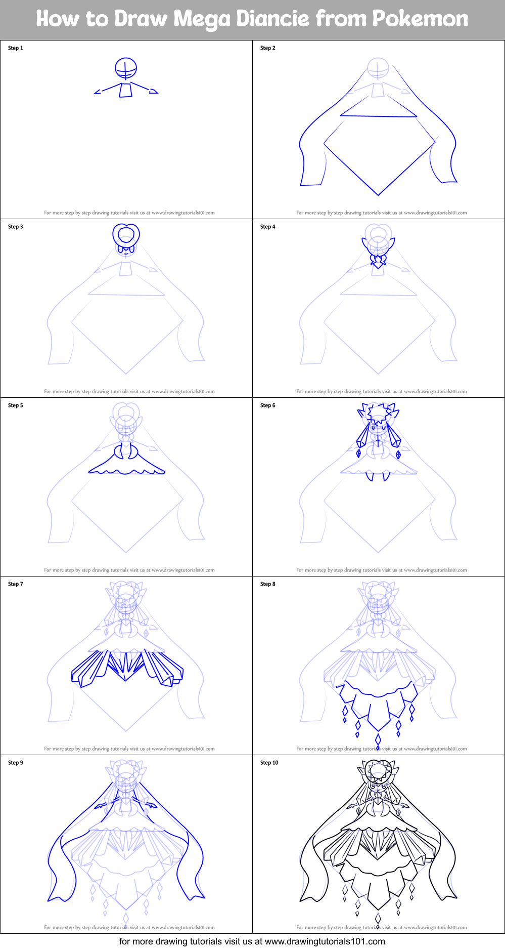 How to Draw Mega Diancie from Pokemon Printable Step by Step