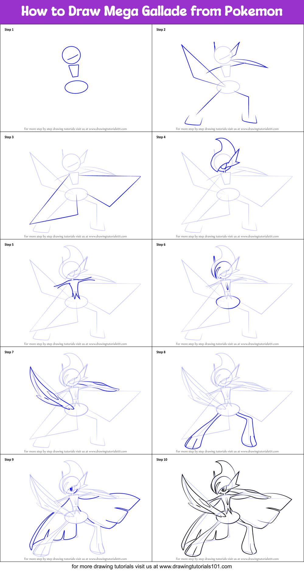 How to Draw Mega Gallade from Pokemon Printable Step by Step
