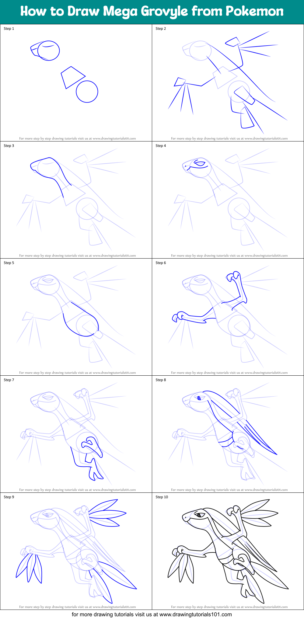 How to Draw Mega Grovyle from Pokemon Printable Step by Step
