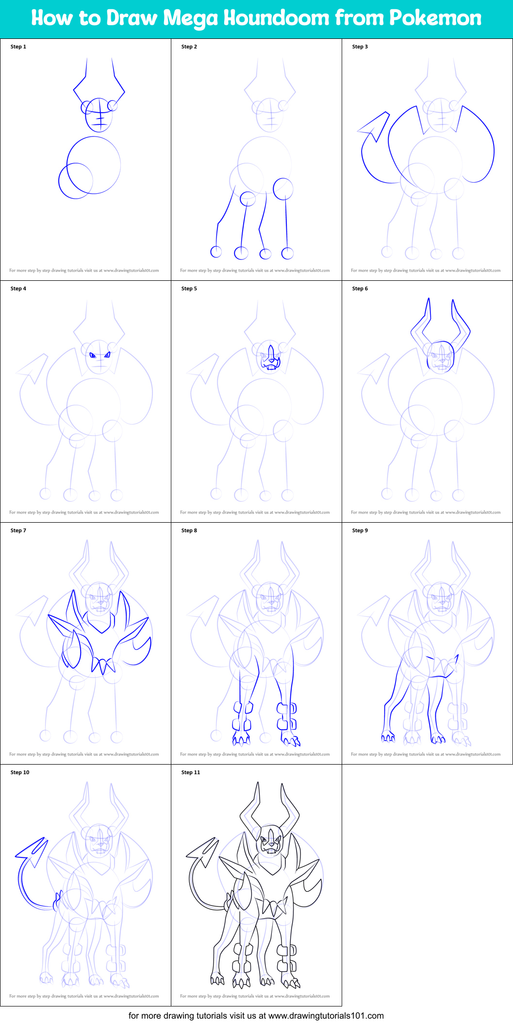 How to Draw Mega Houndoom from Pokemon Printable Step by Step