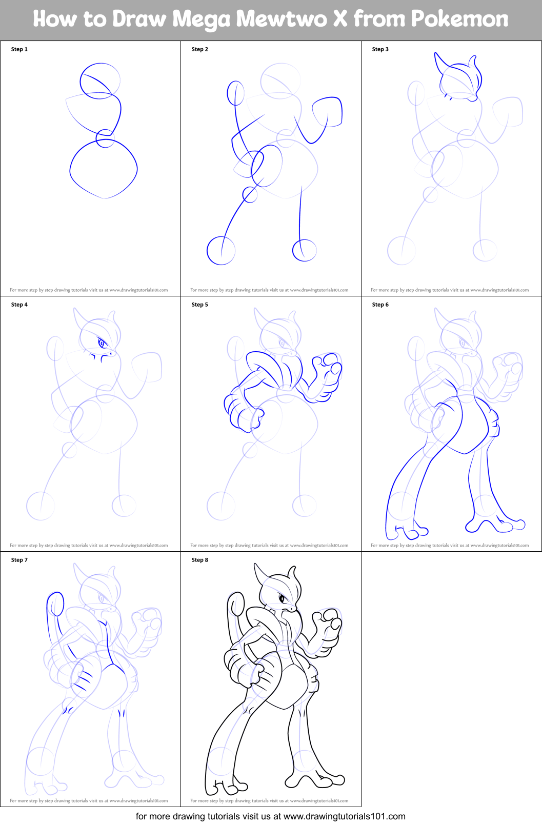 How to Draw Mega Mewtwo X from Pokemon Printable Step by Step