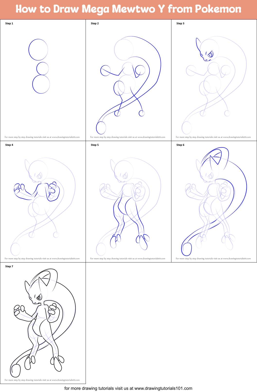 How to Draw Mega Mewtwo Y from Pokemon Printable Step by Step