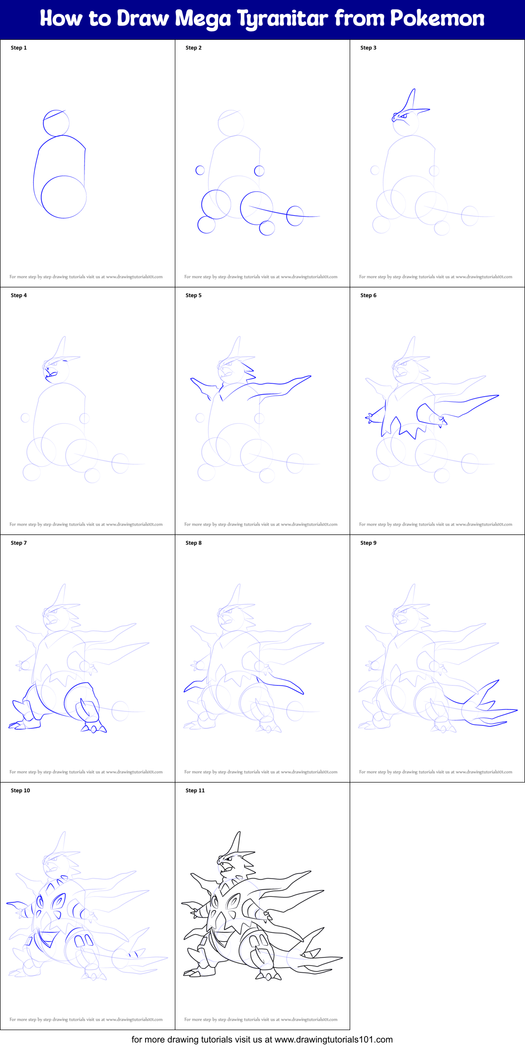 How to Draw Mega Tyranitar from Pokemon Printable Step by Step