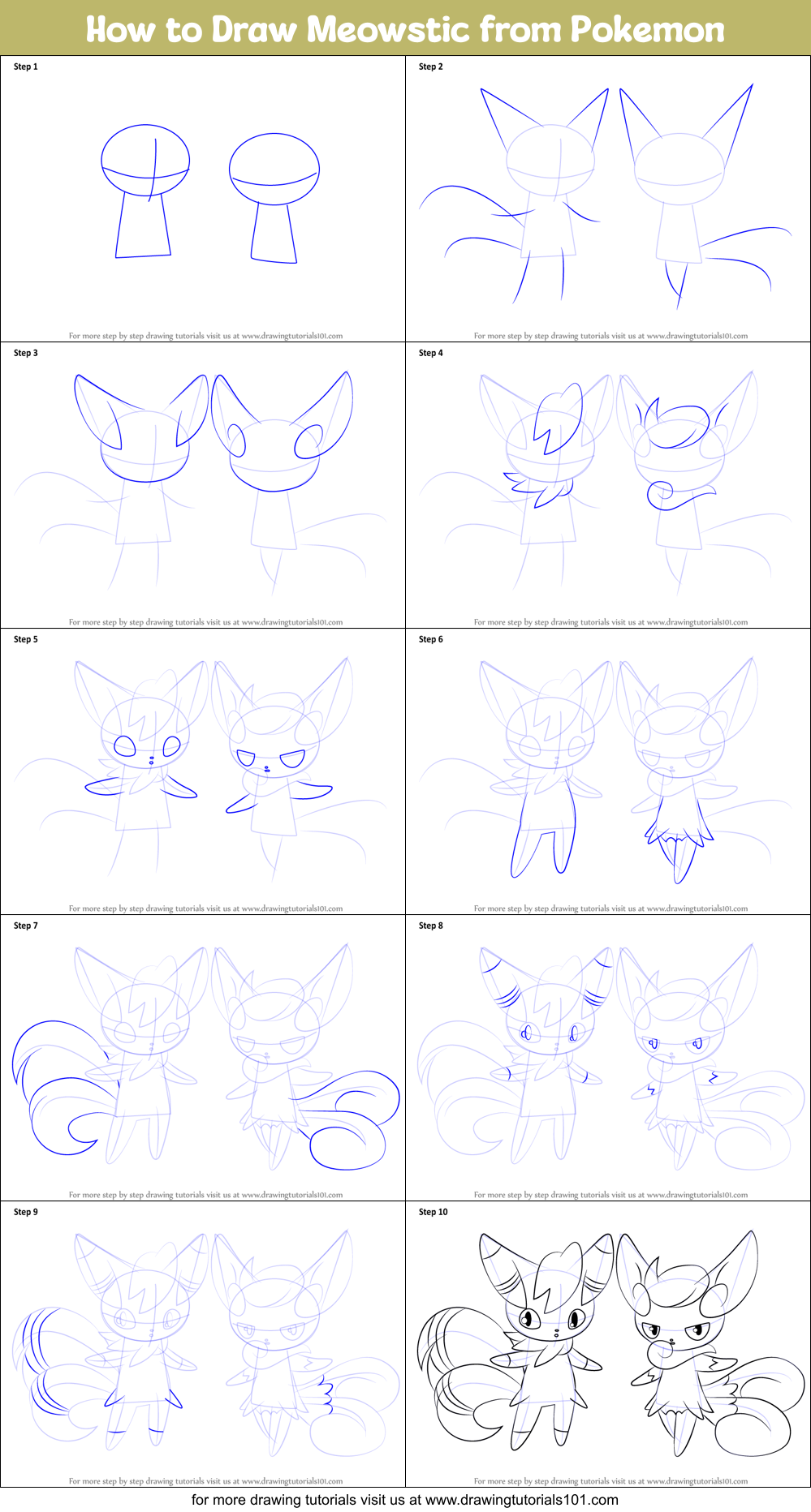 How to Draw Meowstic from Pokemon Printable Step by Step