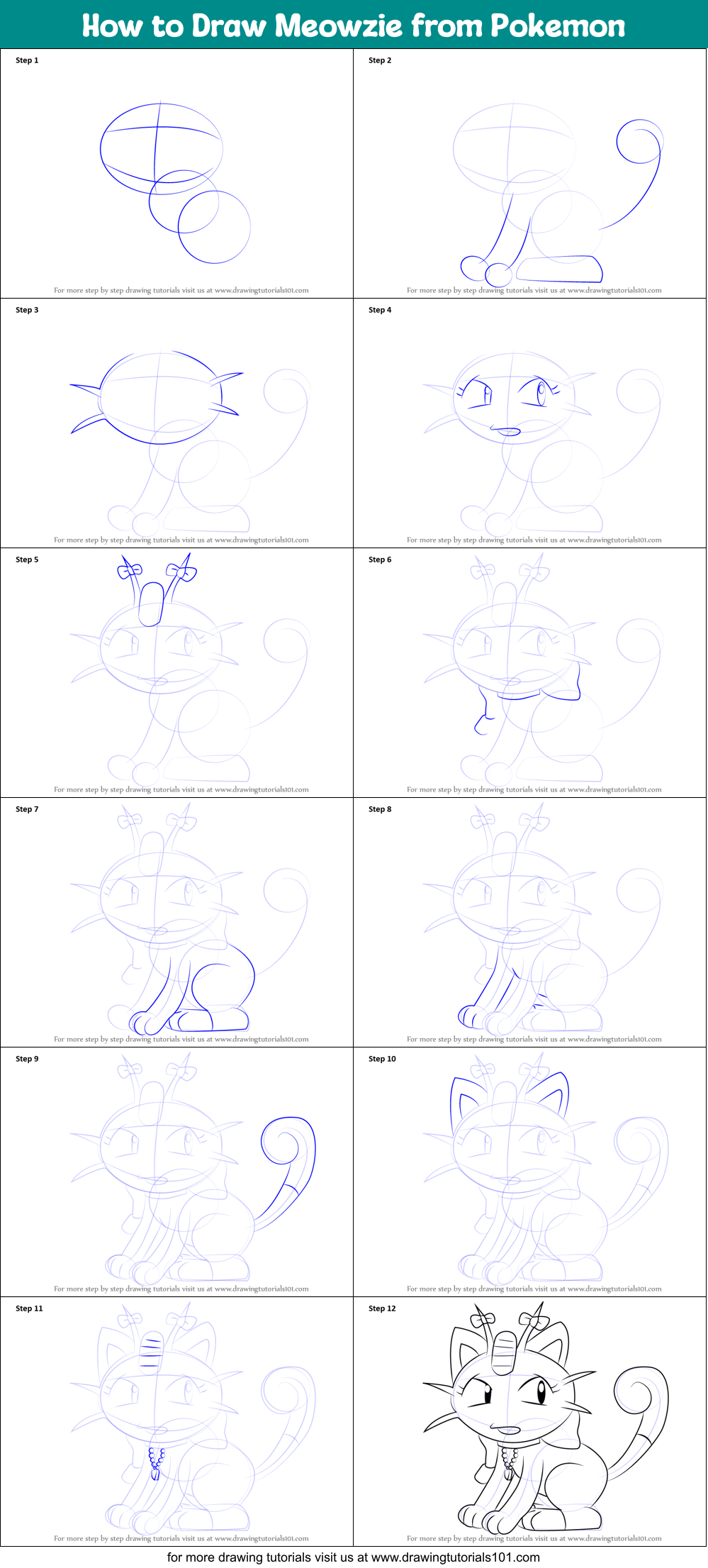 How to Draw Meowzie from Pokemon Printable Step by Step