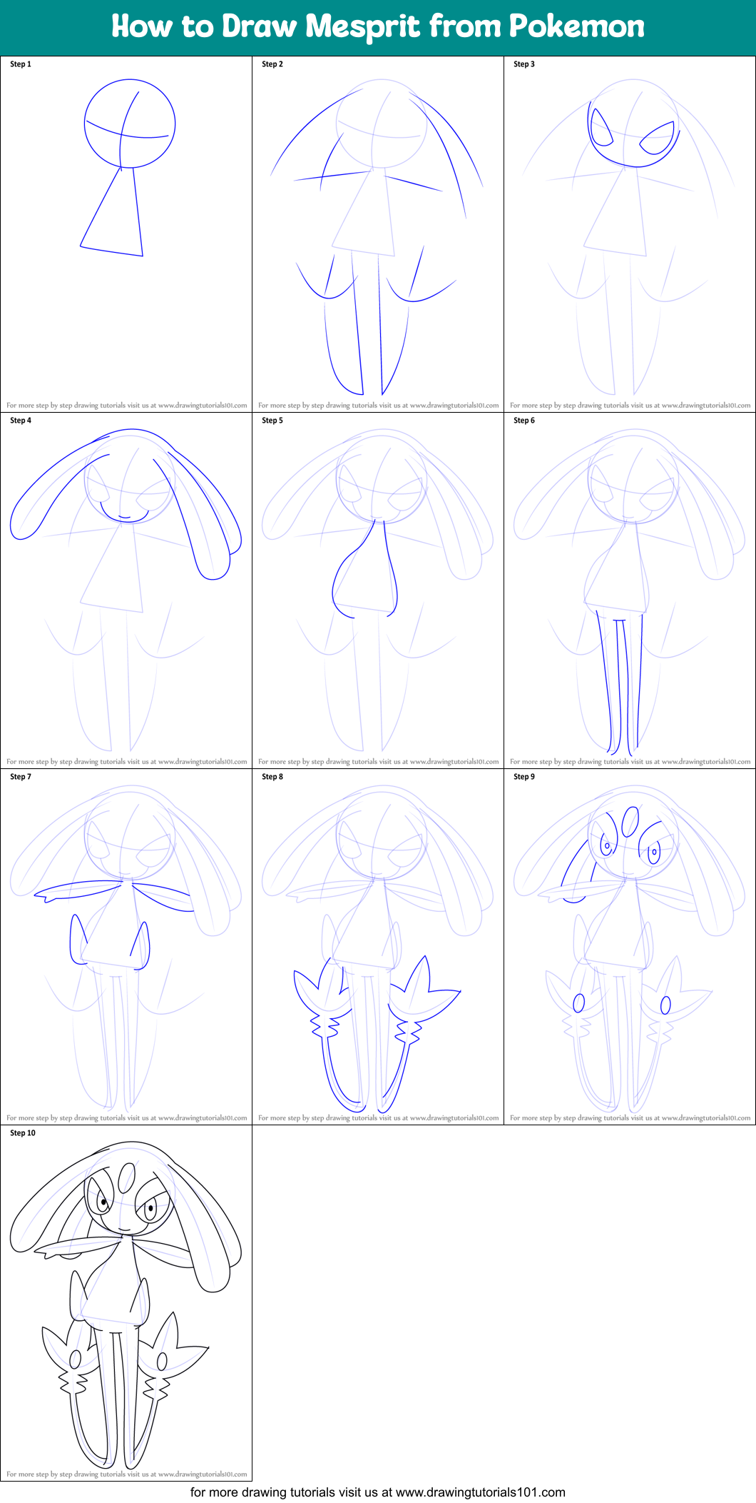 How to Draw Mesprit from Pokemon Printable Step by Step