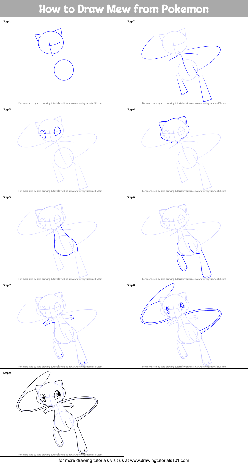 How to Draw Mew from Pokemon printable step by step 