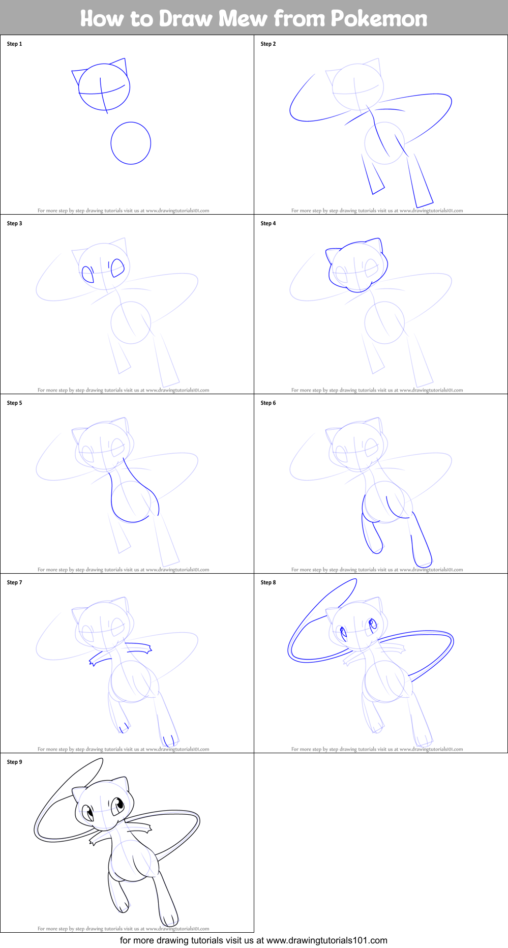 How to Draw Mew from Pokemon Printable Step by Step