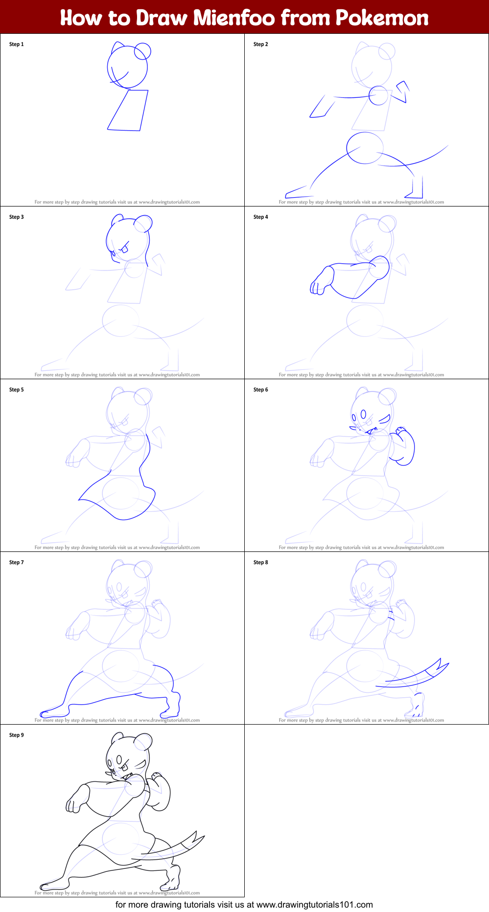 How to Draw Mienfoo from Pokemon Printable Step by Step
