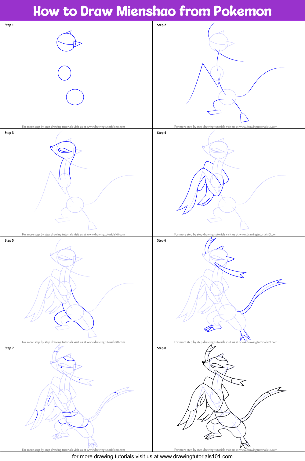 How to Draw Mienshao from Pokemon Printable Step by Step
