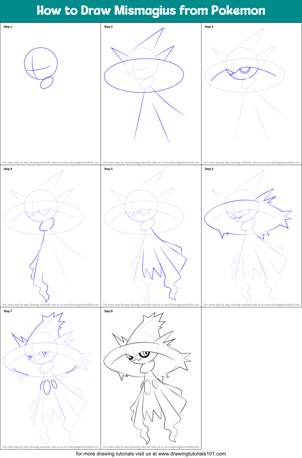 How to Draw Mismagius from Pokemon Printable Step by Step