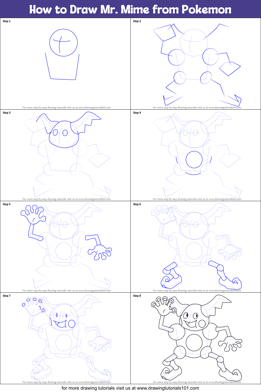 How to Draw Mr. Mime from Pokemon Printable Step by Step