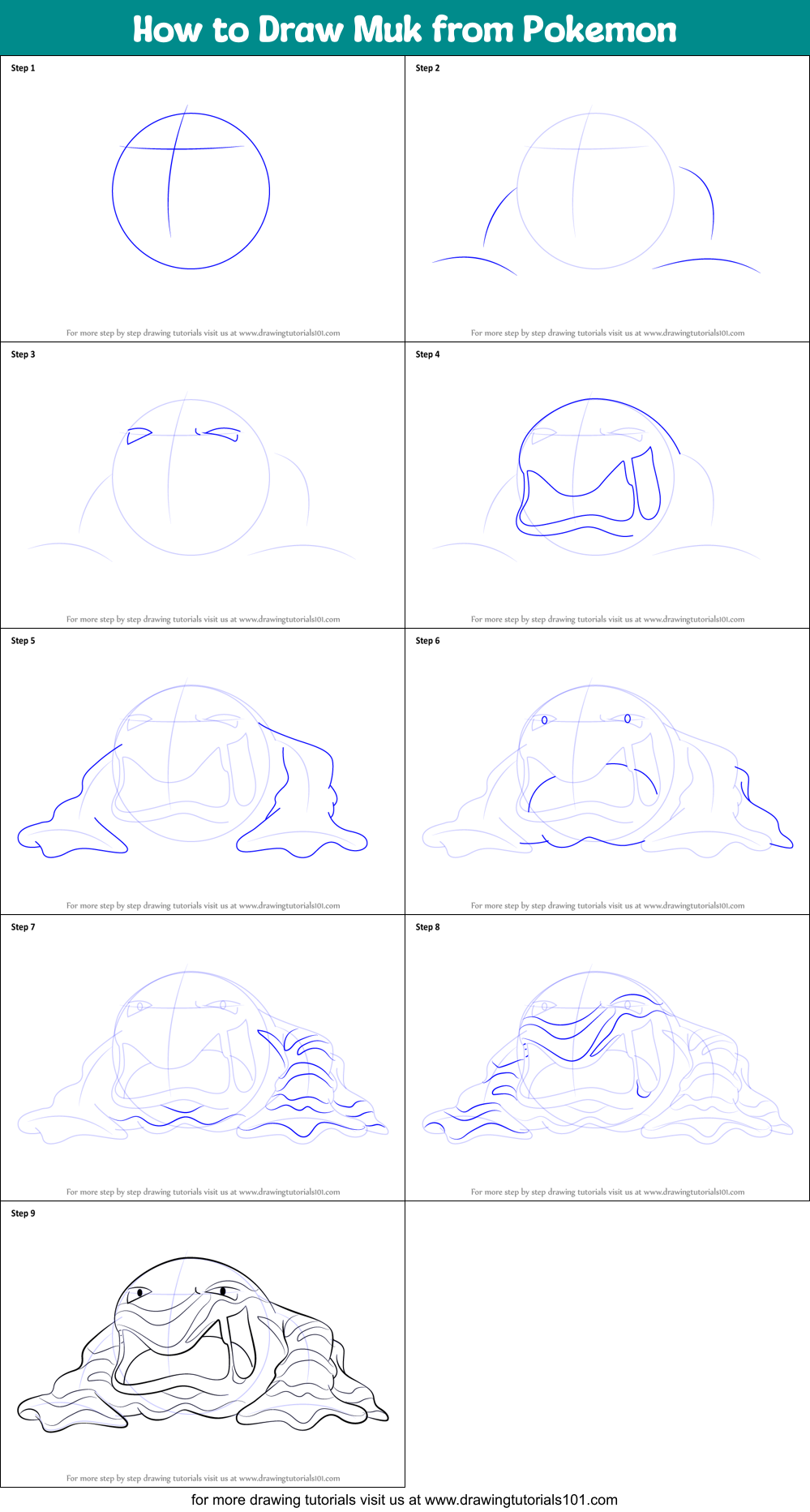 How to Draw Muk from Pokemon Printable Step by Step