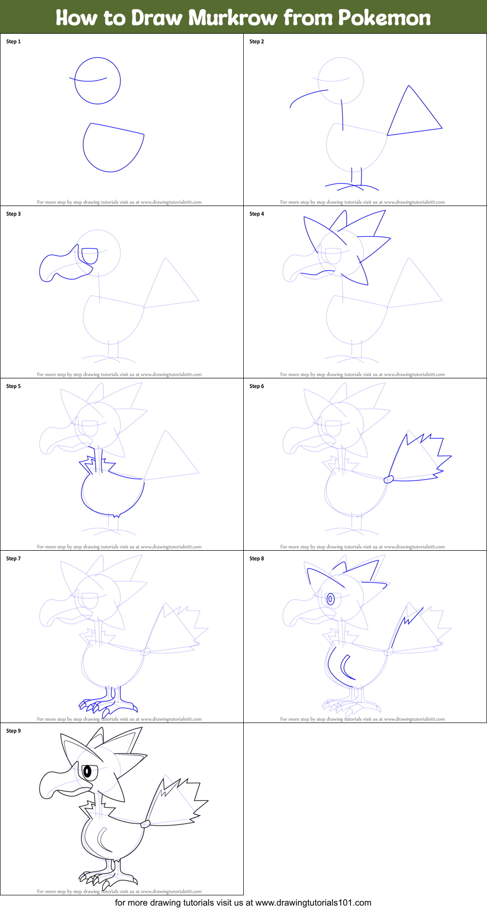 How to Draw Murkrow from Pokemon Printable Step by Step