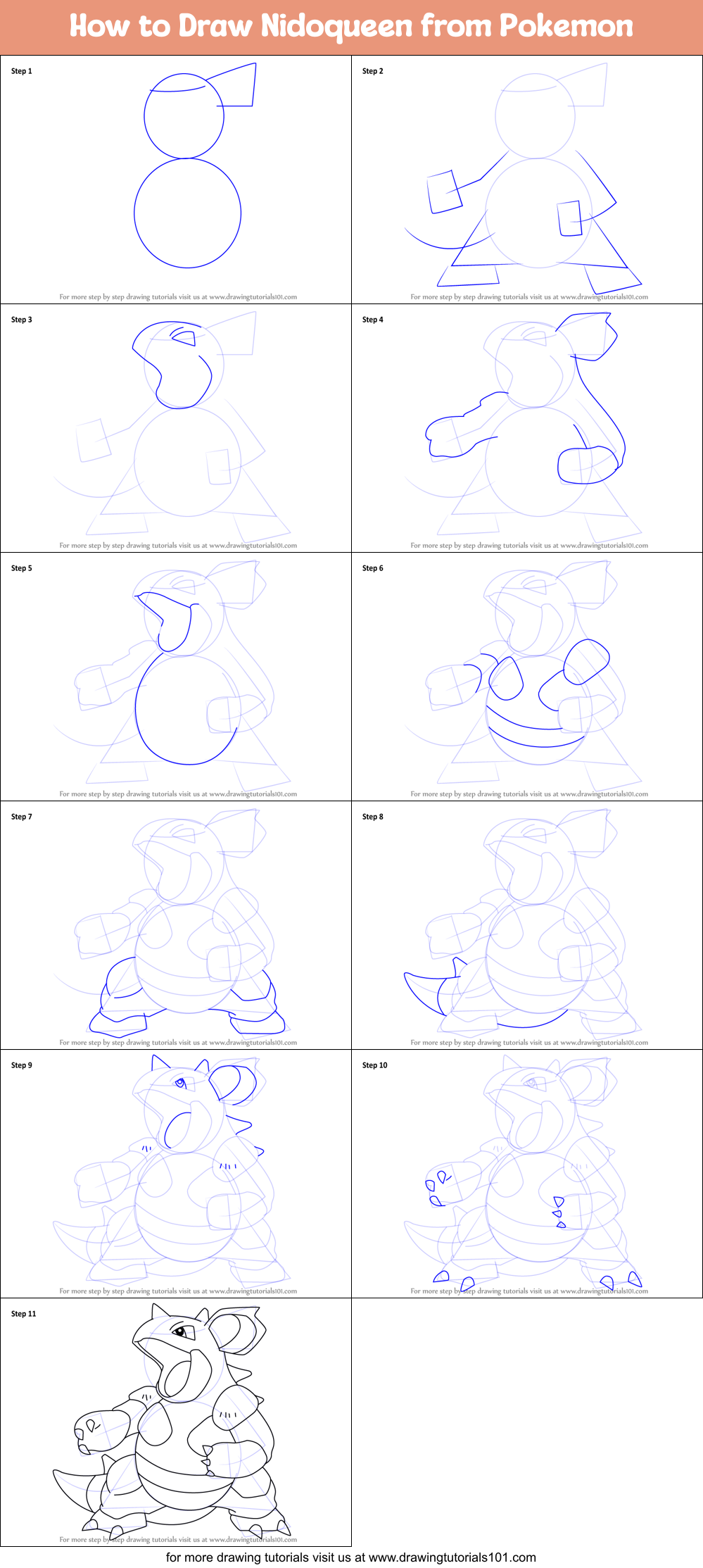 How to Draw Nidoqueen from Pokemon Printable Step by Step
