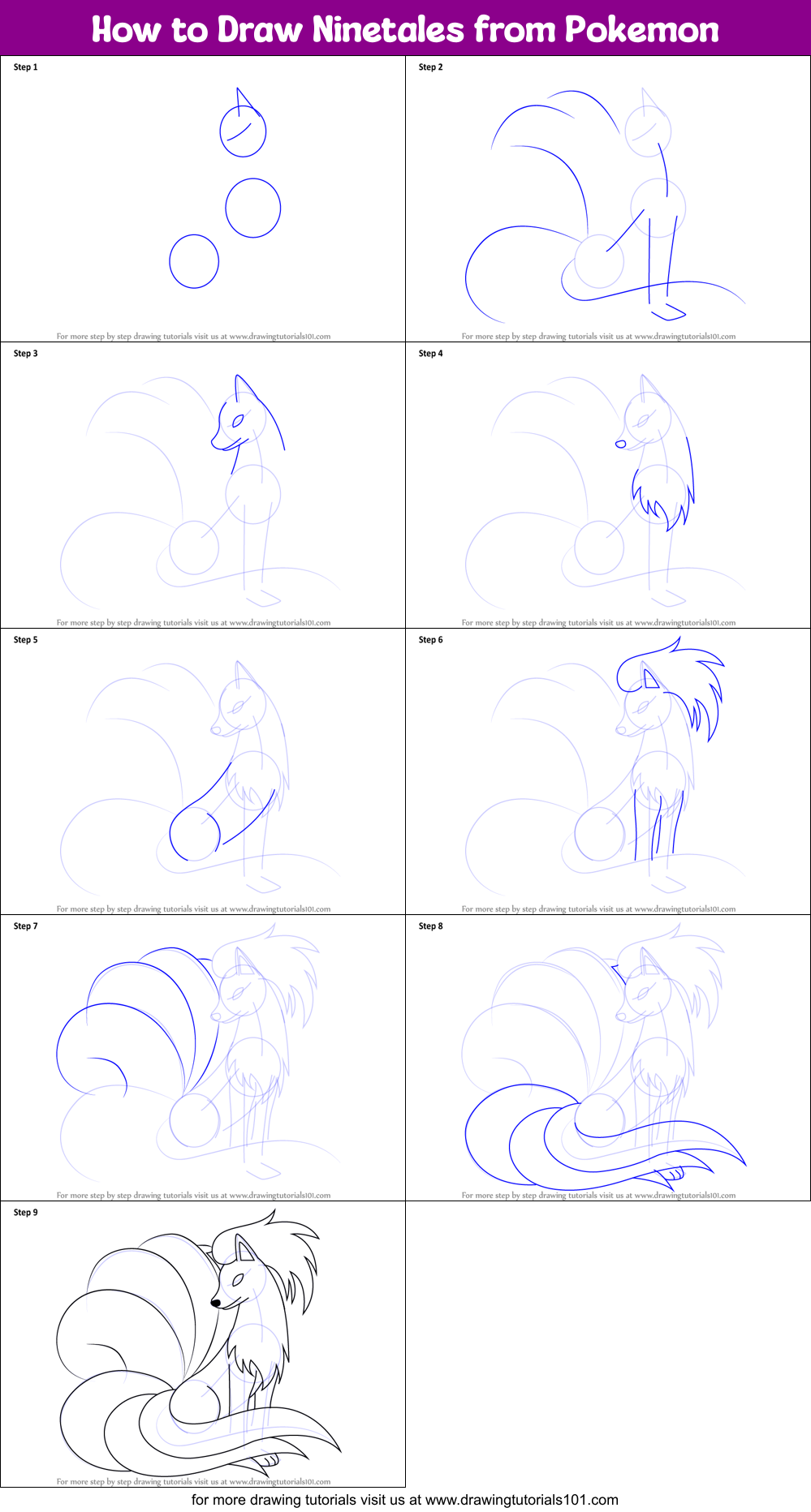 How to Draw Ninetales from Pokemon printable step by step drawing sheet