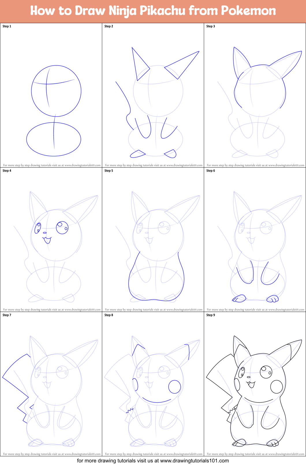 How to Draw Ninja Pikachu from Pokemon printable step by step drawing