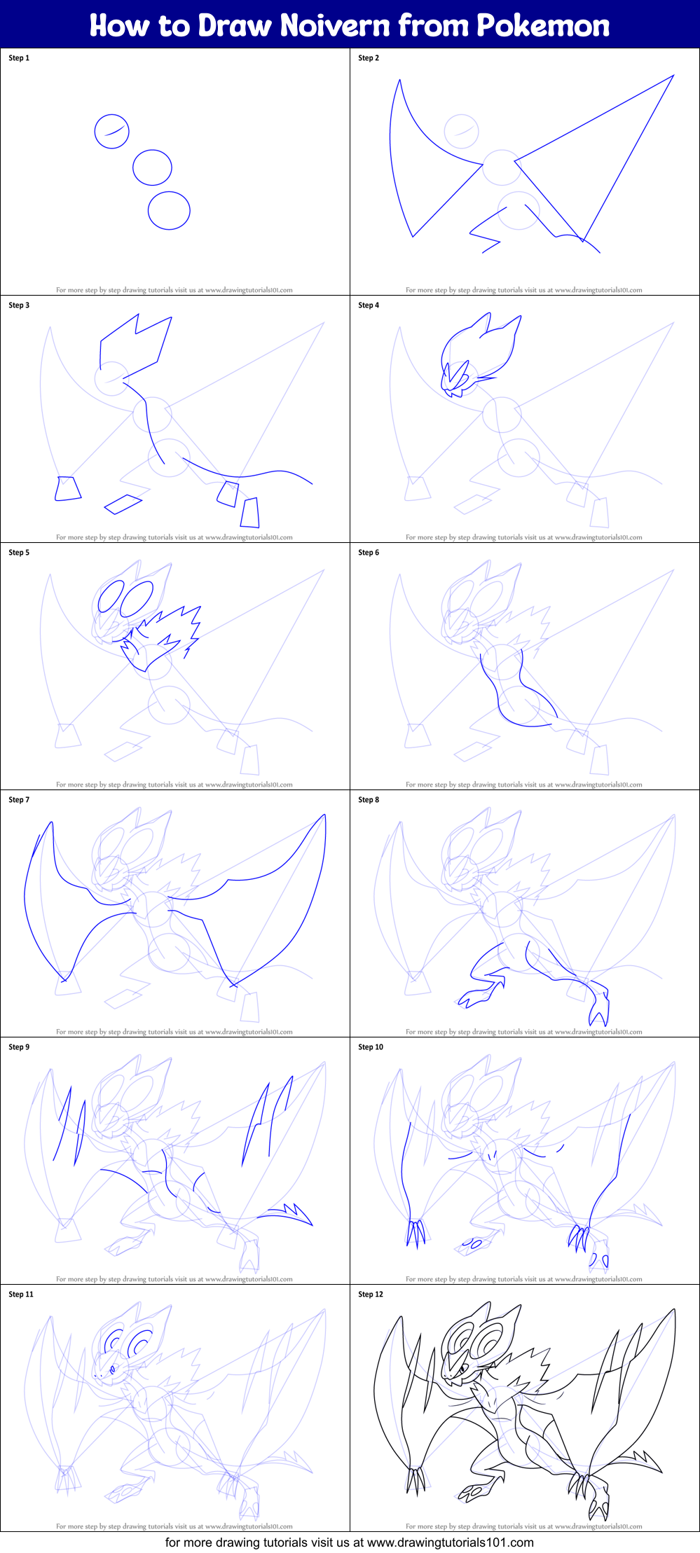 Download How to Draw Noivern from Pokemon printable step by step drawing sheet : DrawingTutorials101.com