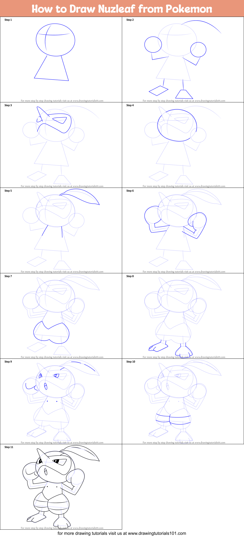 How to Draw Nuzleaf from Pokemon Printable Step by Step