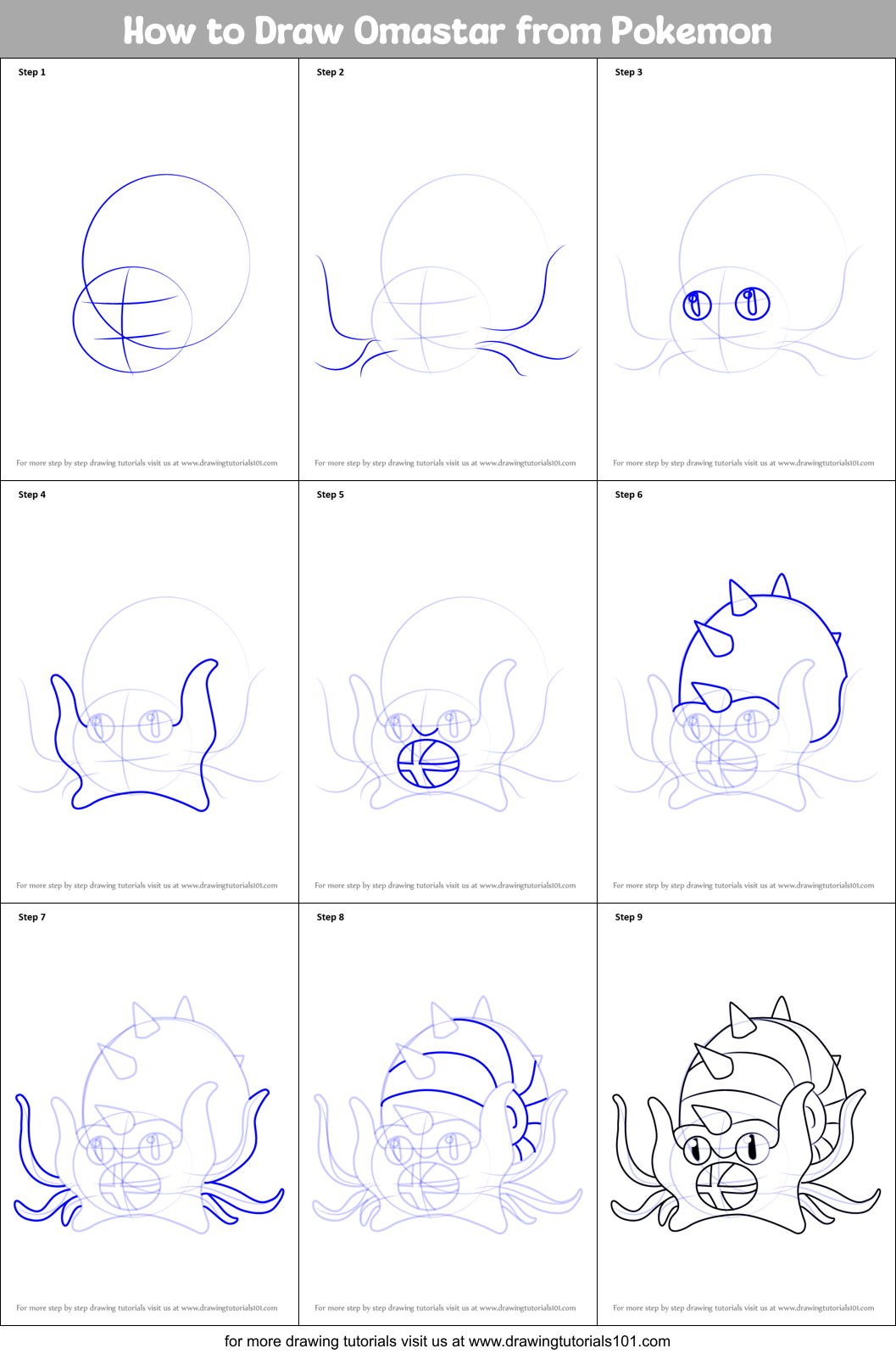How to Draw Omastar from Pokemon Printable Step by Step