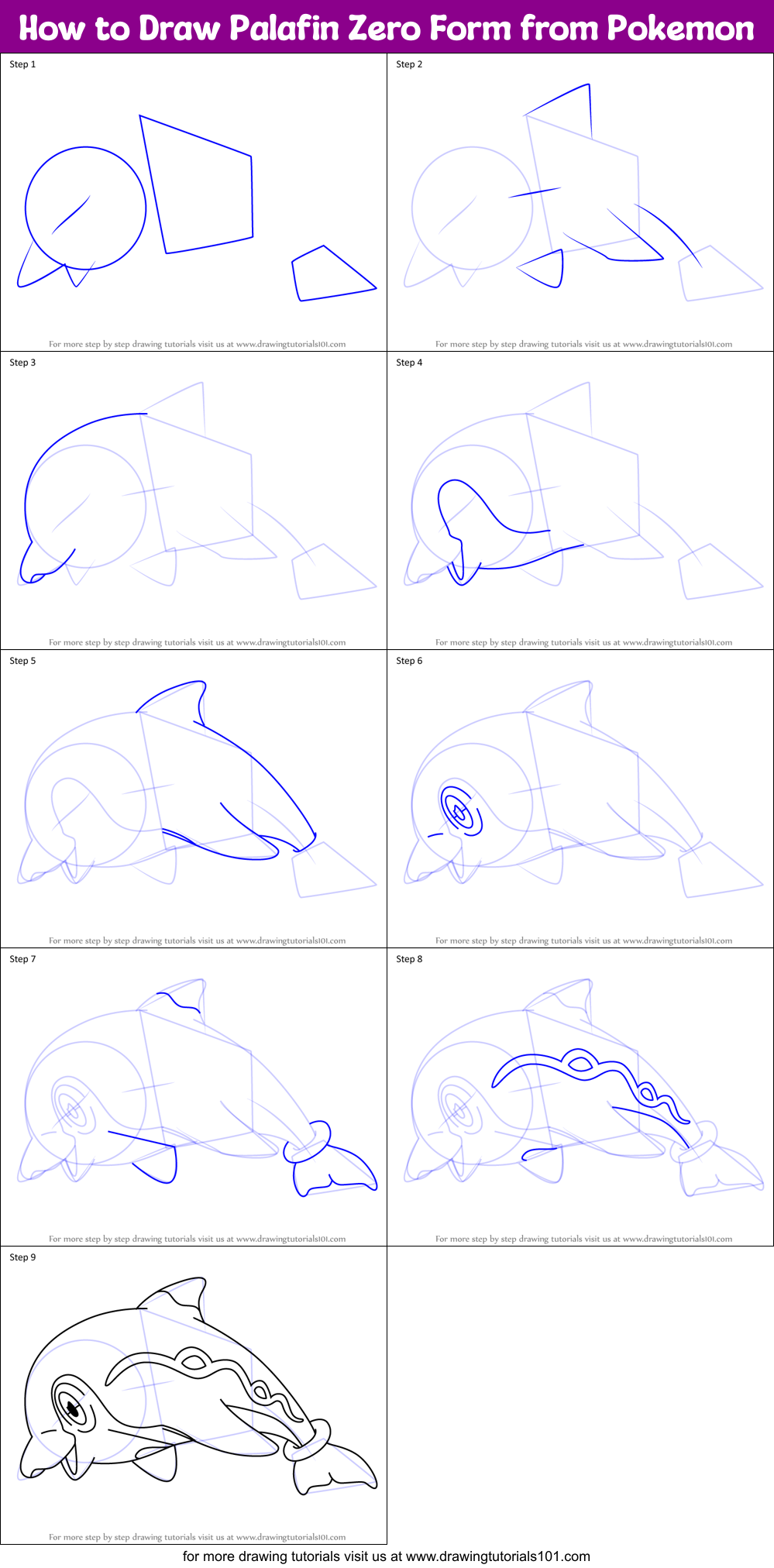 How to Draw Palafin Zero Form from Pokemon Printable Step by Step
