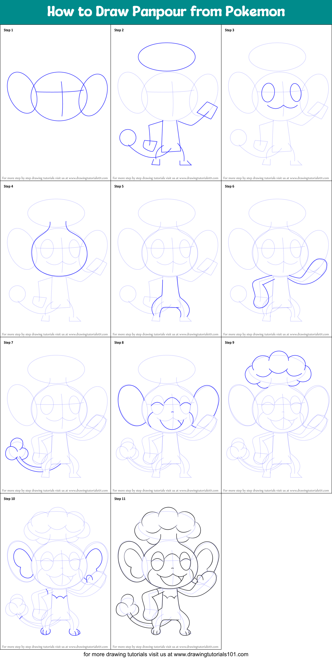 How to Draw Panpour from Pokemon printable step by step drawing sheet ...