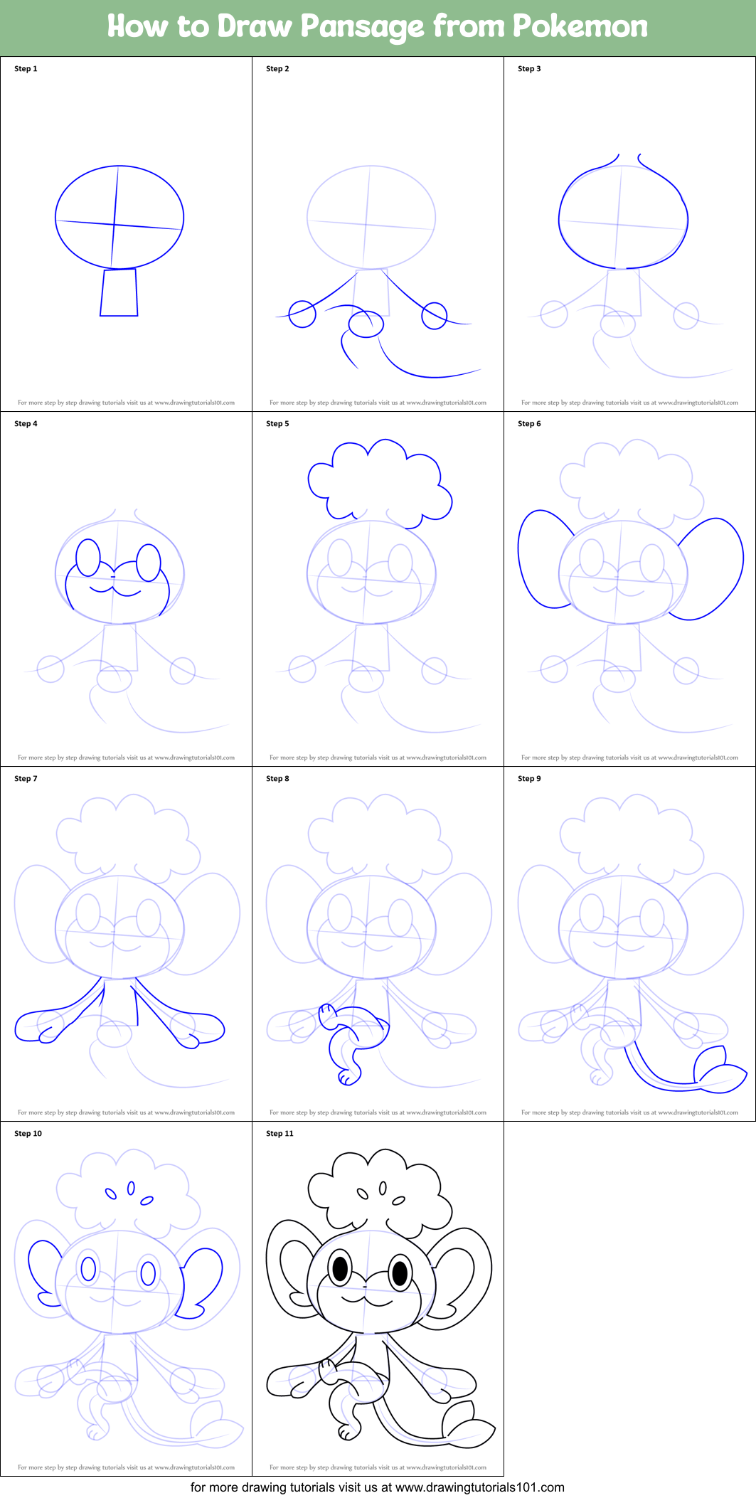 How to Draw Pansage from Pokemon Printable Step by Step