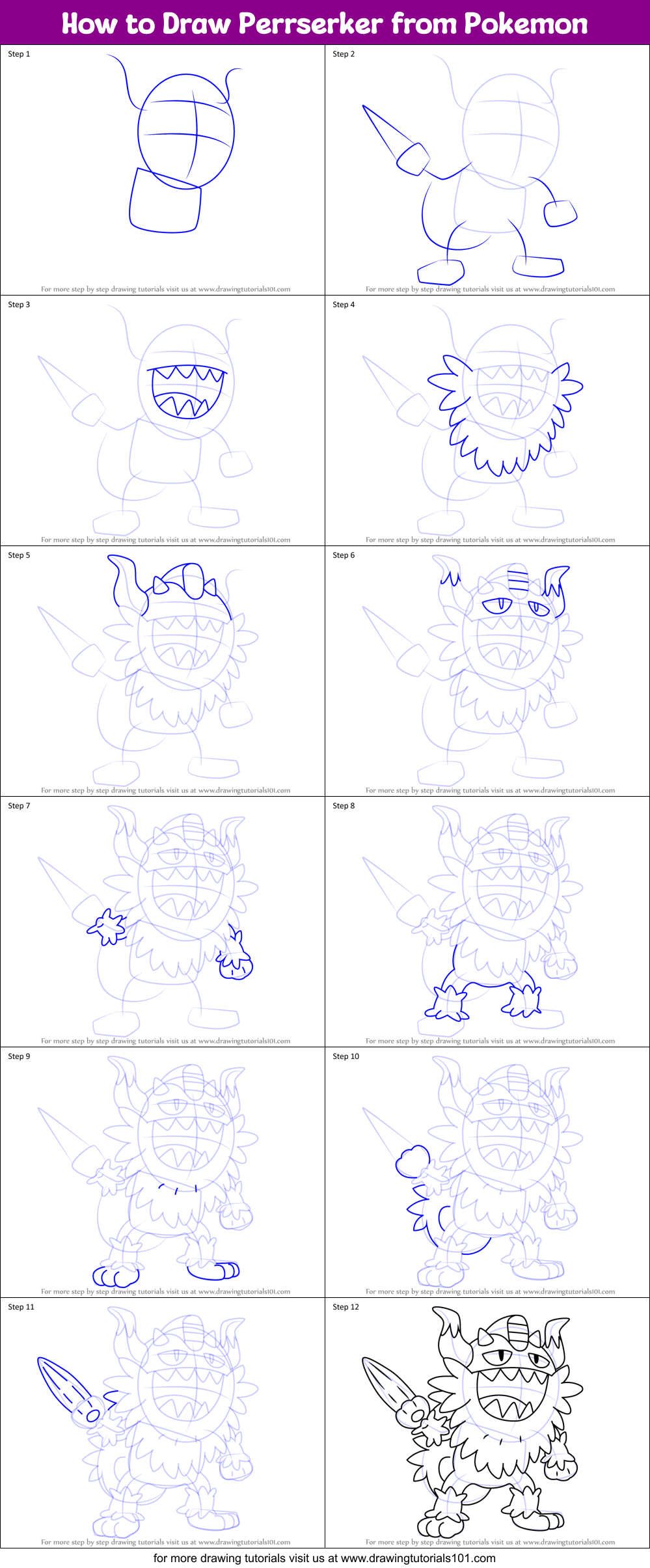How to Draw Perrserker from Pokemon Printable Step by Step