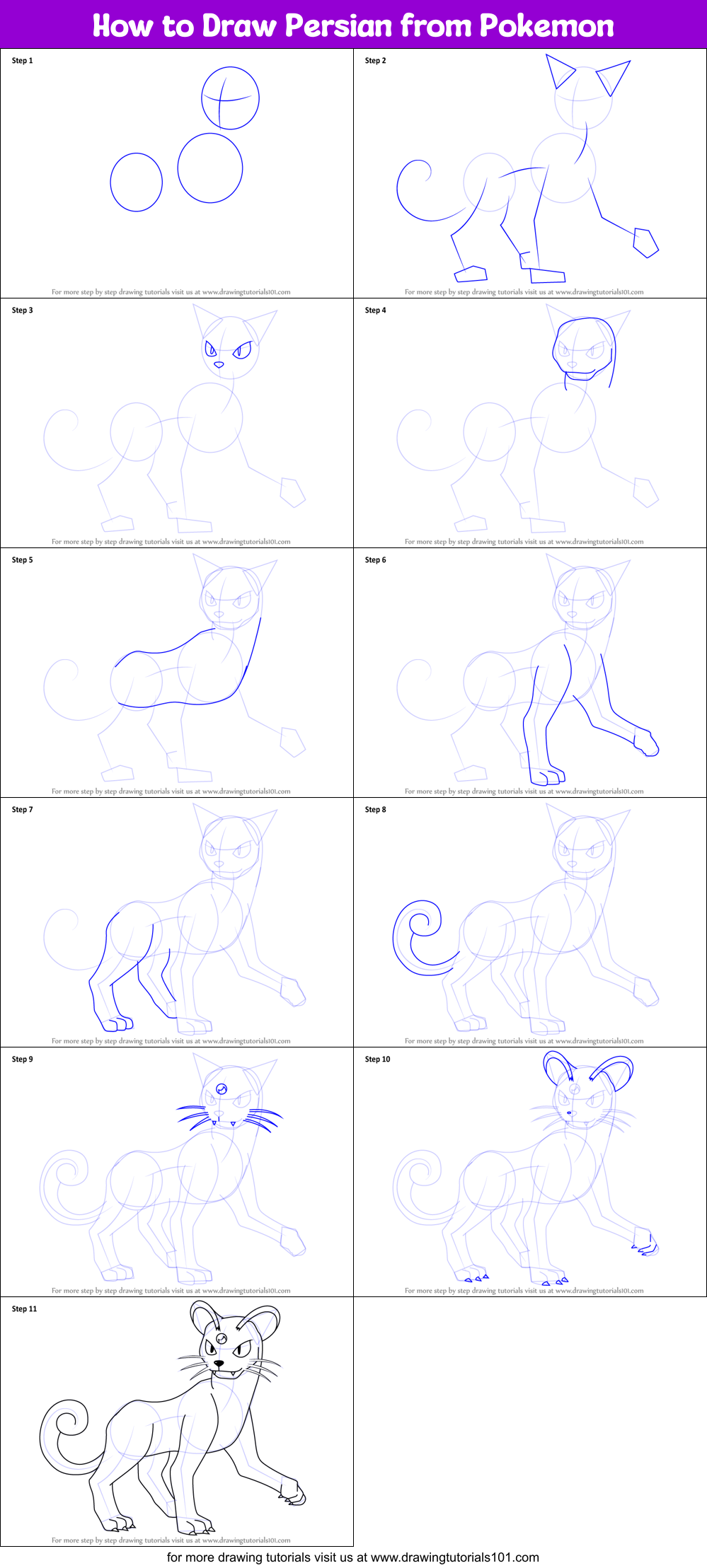 How to Draw Persian from Pokemon Printable Step by Step