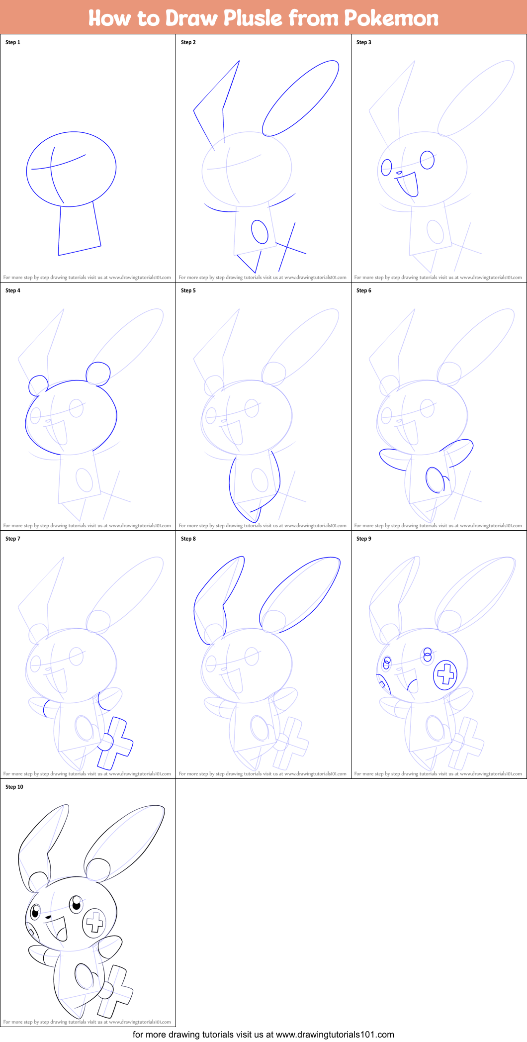 How to Draw Plusle from Pokemon Printable Step by Step