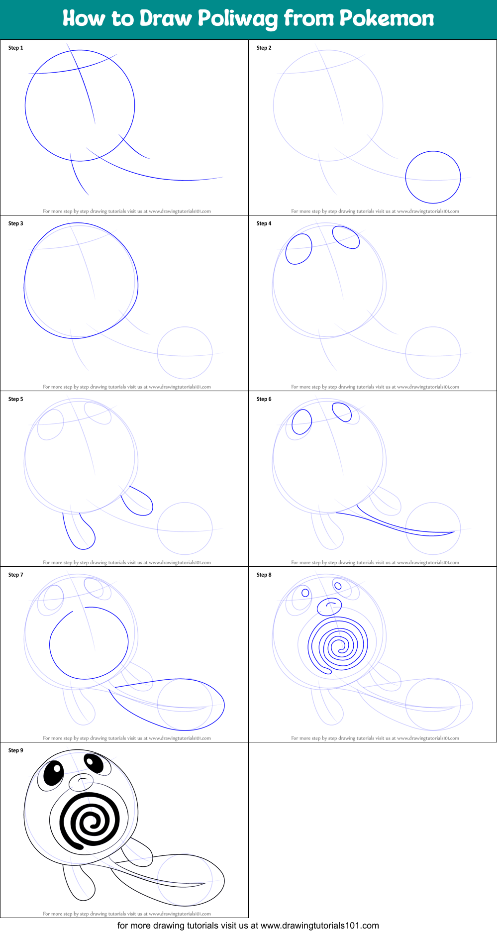 How to Draw Poliwag from Pokemon Printable Step by Step