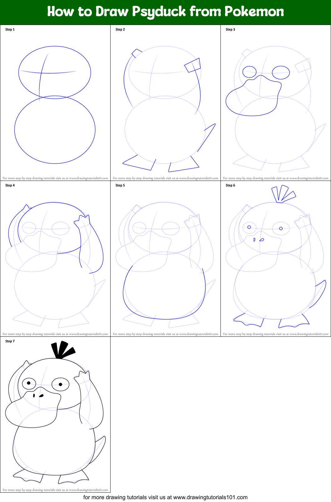 How to Draw Psyduck from Pokemon printable step by step drawing sheet