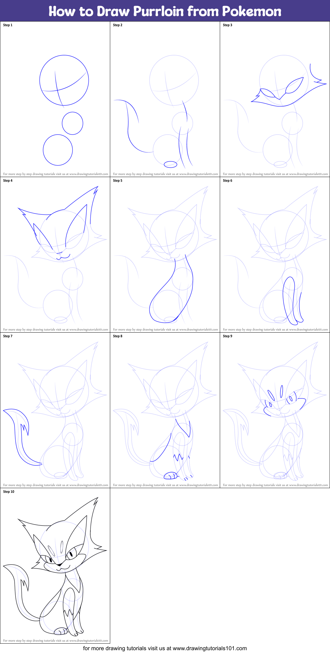 How to Draw Purrloin from Pokemon Printable Step by Step