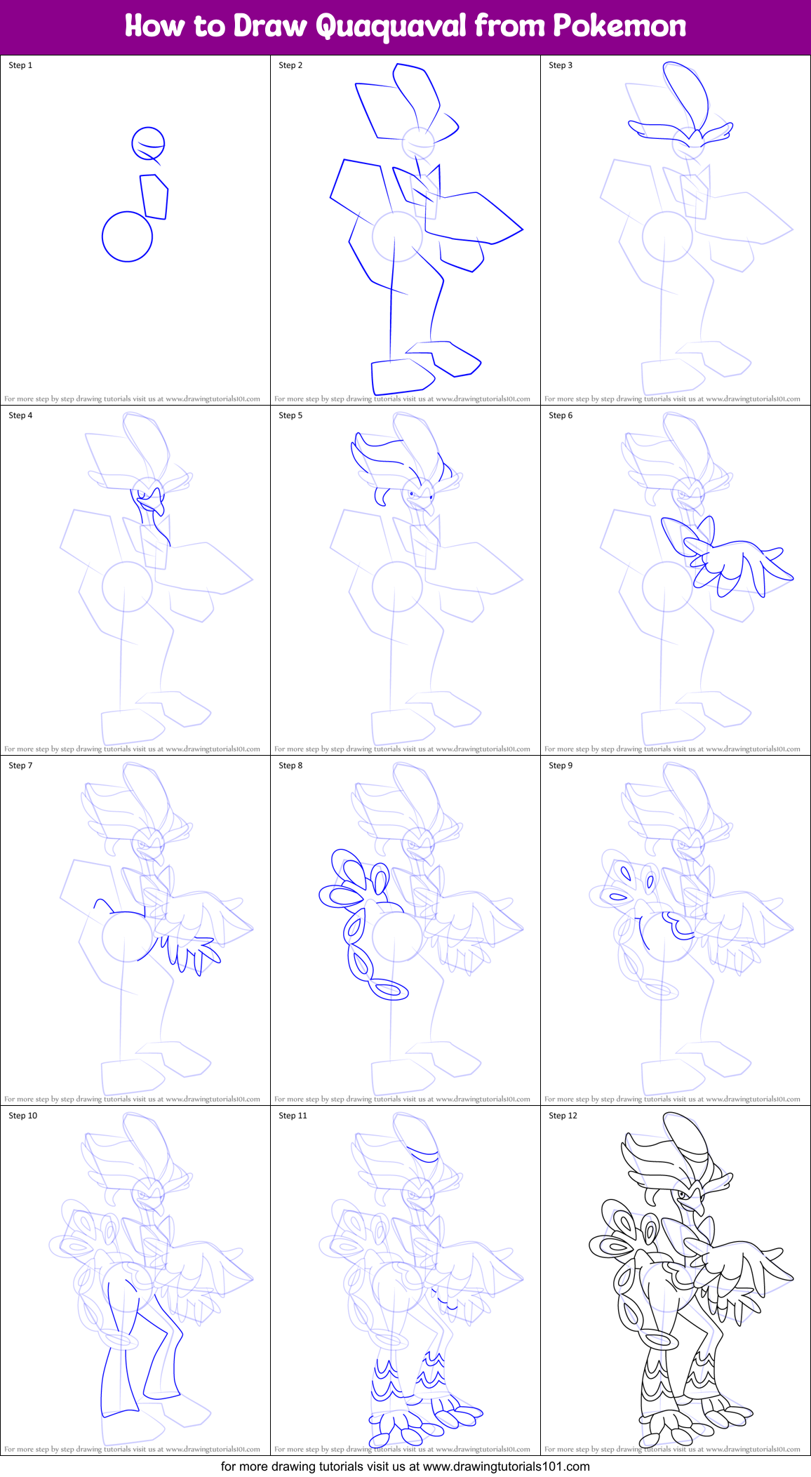 How to Draw Quaquaval from Pokemon Printable Step by Step