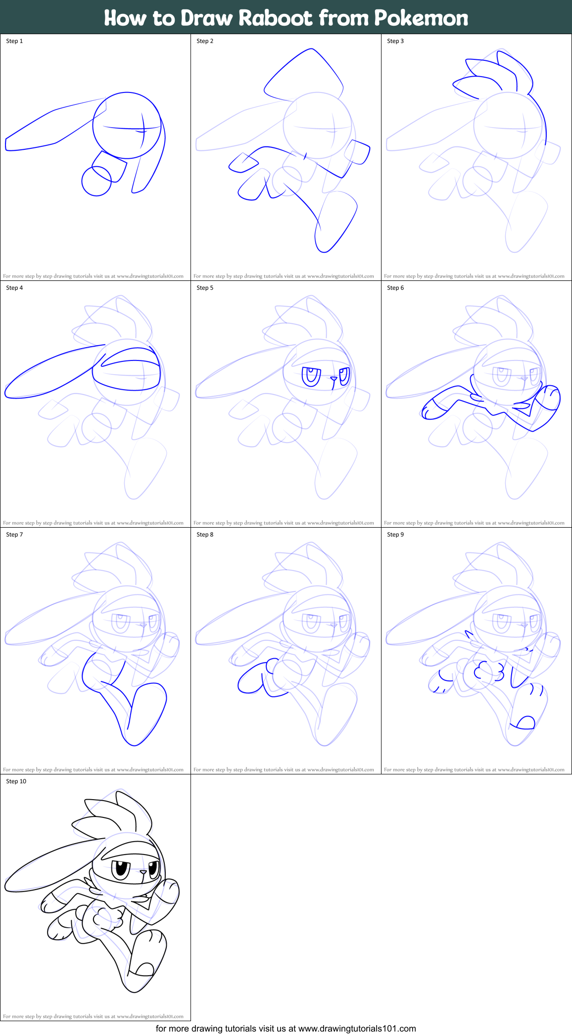 How to Draw Raboot from Pokemon Printable Step by Step