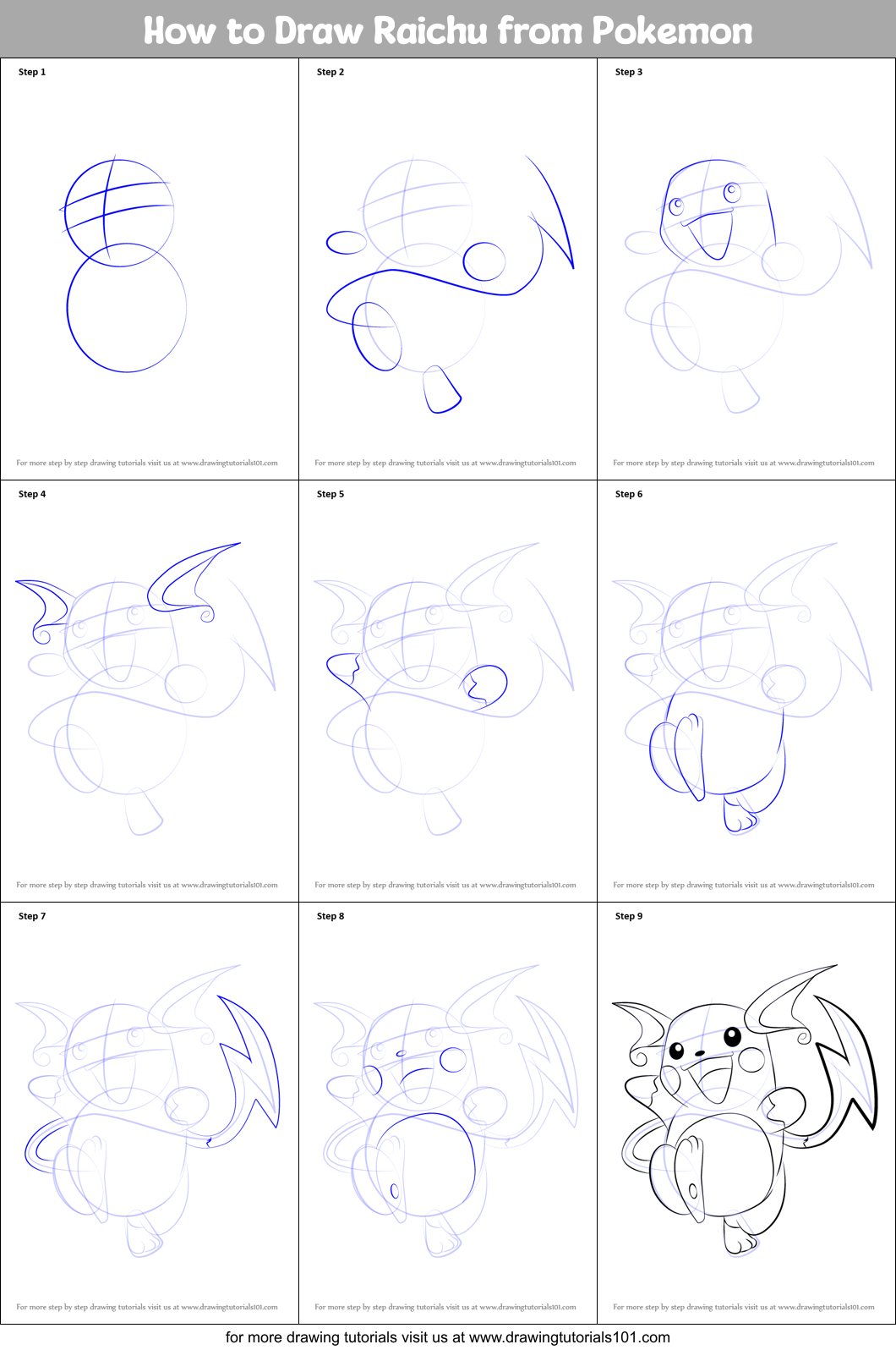 How to Draw Raichu from Pokemon Printable Step by Step