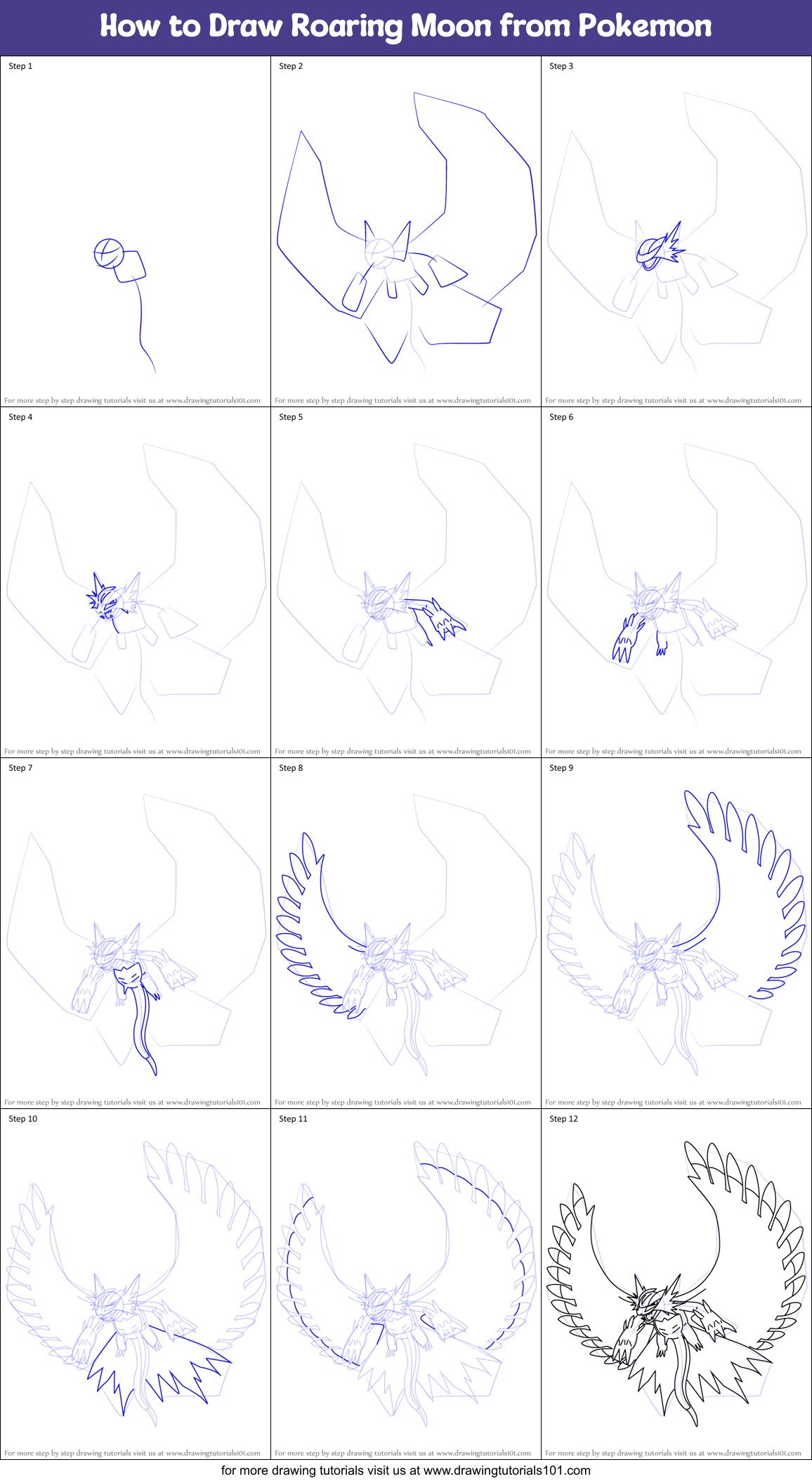How to Draw Roaring Moon from Pokemon Printable Step by Step