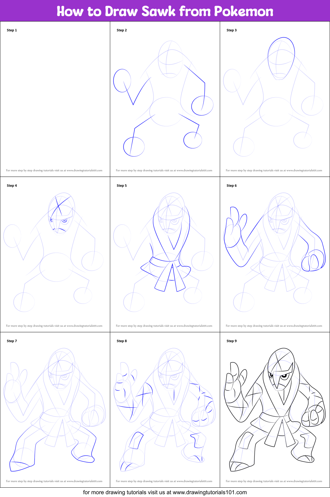 How to Draw Sawk from Pokemon Printable Step by Step
