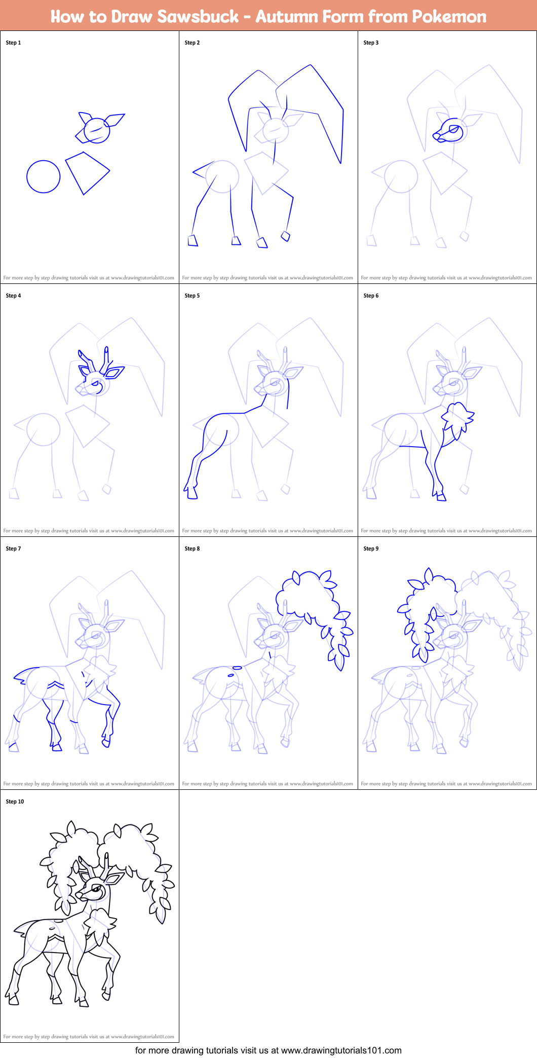 How to Draw Sawsbuck - Autumn Form from Pokemon Printable Step by Step