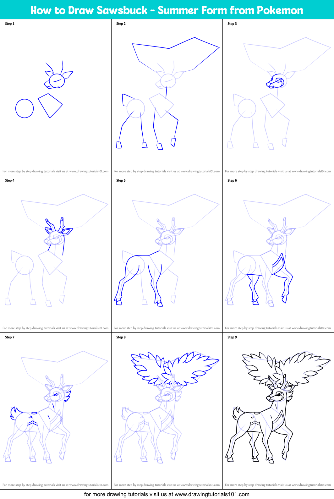 How to Draw Sawsbuck - Summer Form from Pokemon Printable Step by Step
