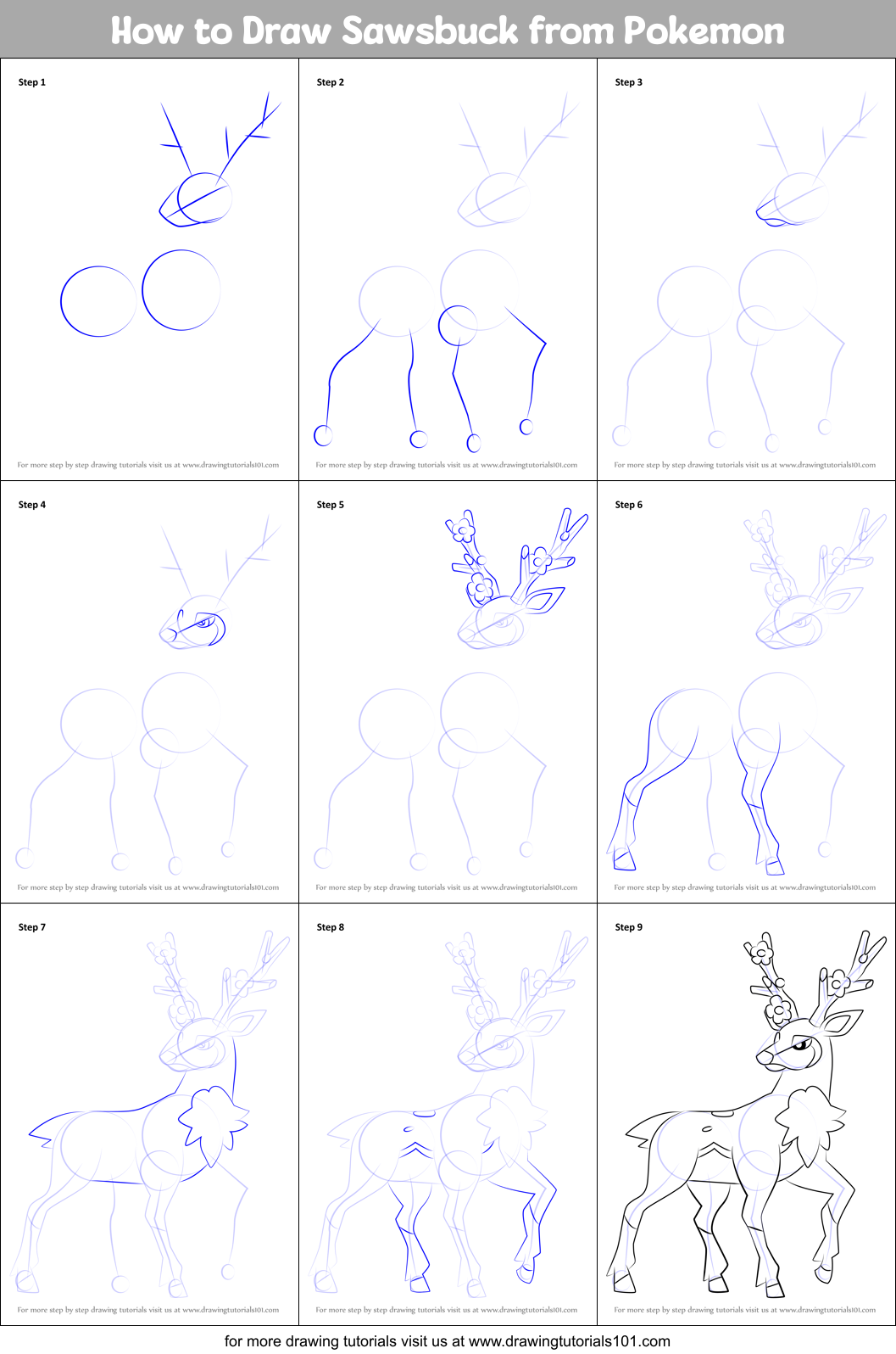 How to Draw Sawsbuck from Pokemon Printable Step by Step