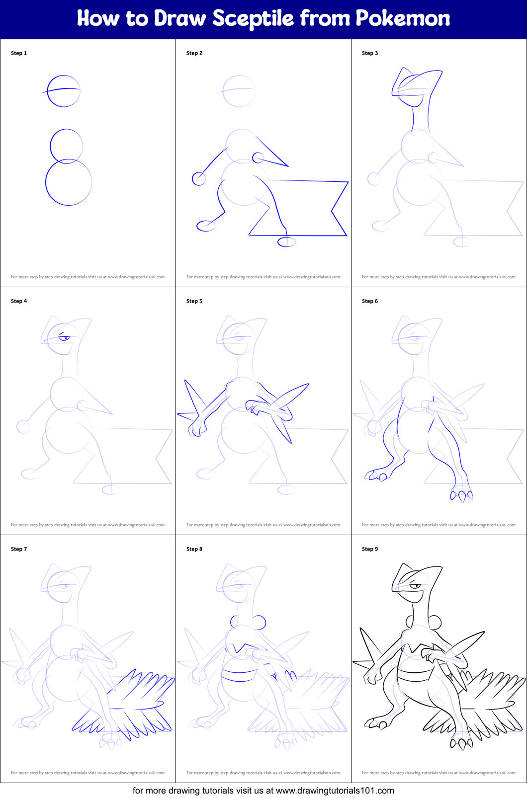 How to Draw Sceptile from Pokemon Printable Step by Step