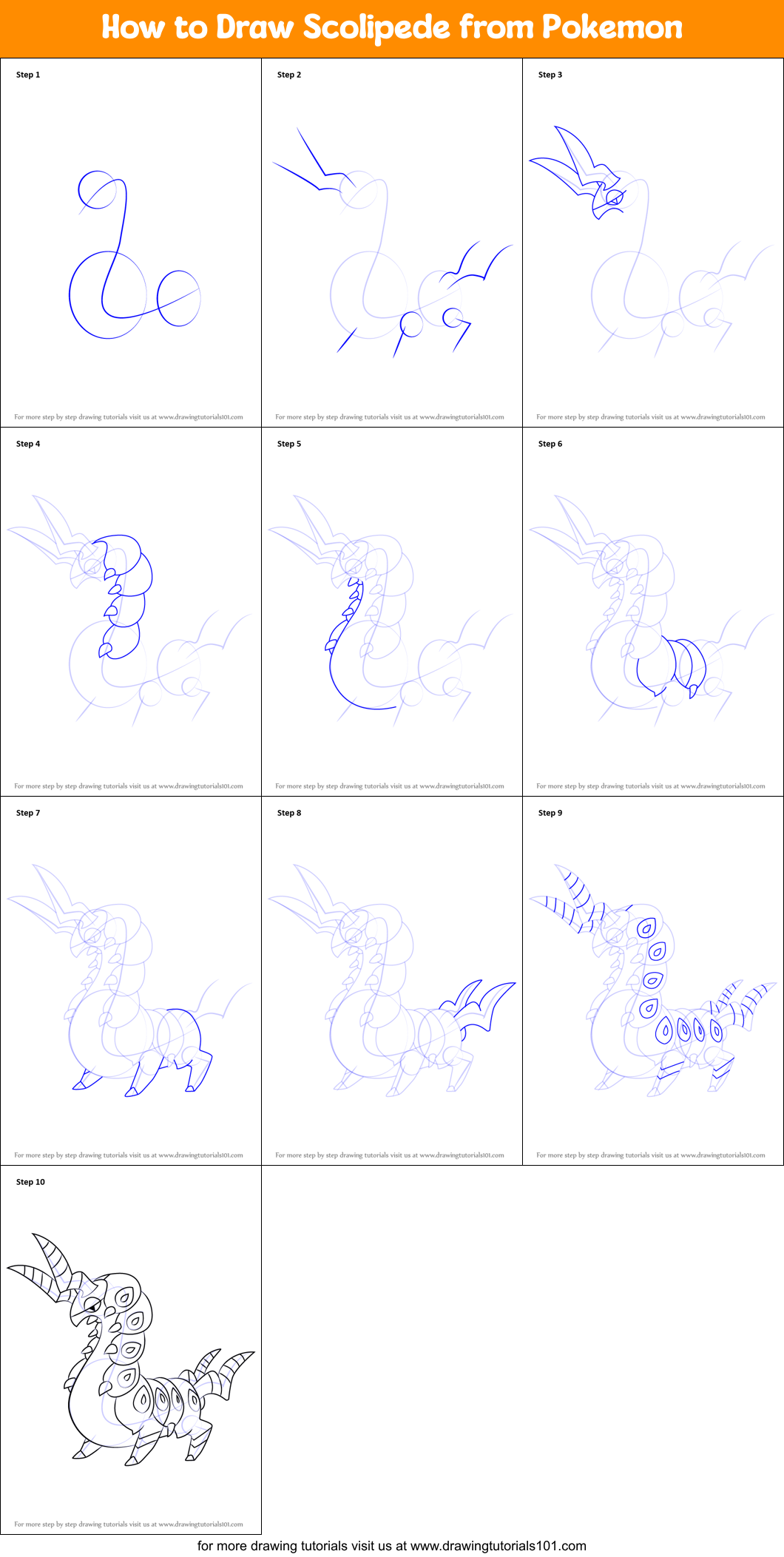 How to Draw Scolipede from Pokemon Printable Step by Step